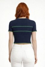 Dikdörtgen Desenli Marul Kenar Crop Triko Bluz - Görsel 2