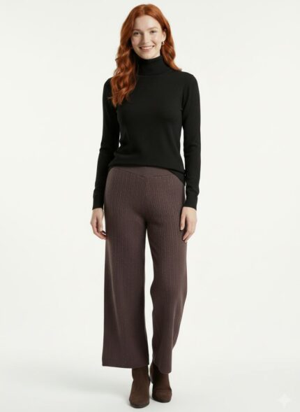 Kahverengi Triko Kadın Wide Leg Pantolon - Standart, Kahverengi