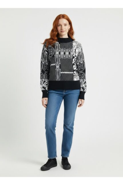 Siyah Beyaz Desenli Dik Yaka Slim Fit Kazak - Standart, Siyah