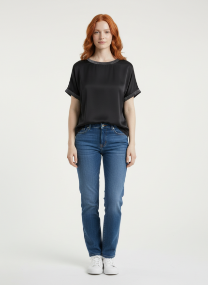 Kadın Kısa Kollu Siyah Saten T-Shirt