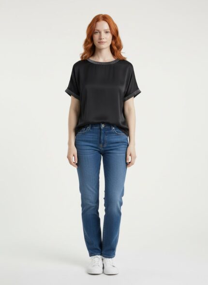 Kadın Kısa Kollu Siyah Saten T-Shirt - Standart, Siyah