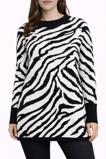 Zebra Desenli Bisiklet Yaka Triko Kazak