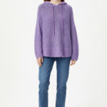 Lila Kapüşonlu Oversize Triko Ajurlu Sweatshirt