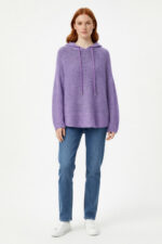 Lila Kapüşonlu Oversize Triko Ajurlu Sweatshirt