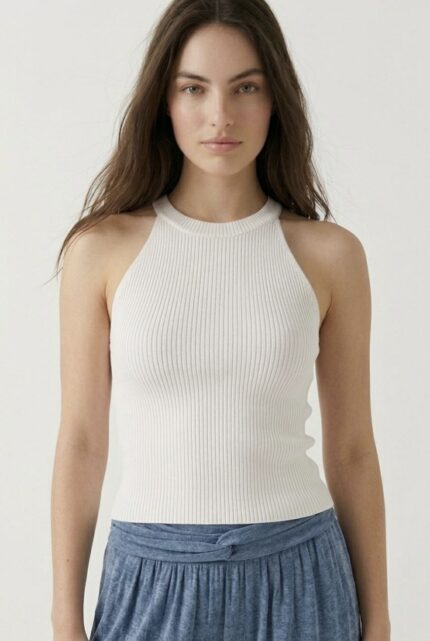 Kadın Fitilli Halter Yaka Crop Bluz - Standart, Beyaz