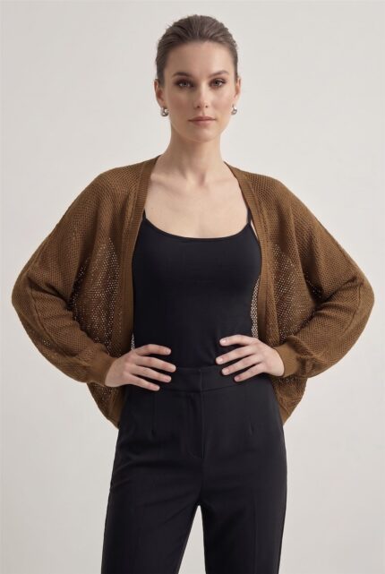 Premium Ajurlu İnce Triko Bolero Hırka - Standart, Koyu Kahve