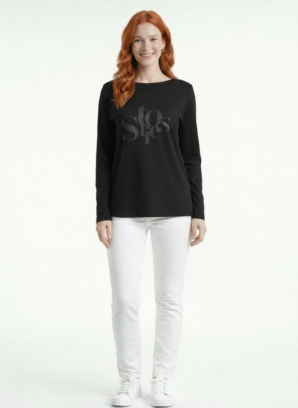 Kadın Siyah Uzun Kol Stores Baskılı T-Shirt