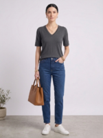 Kadın V Yaka Kısa Kollu Basic T-Shirt - Görsel 2
