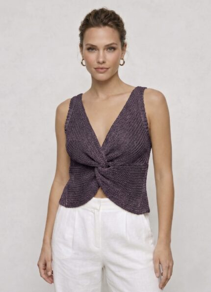 Twist Knot Detaylı Premium Kadın Triko Bluz – V Yaka Örgü Dokulu Şık Crop Tasarım