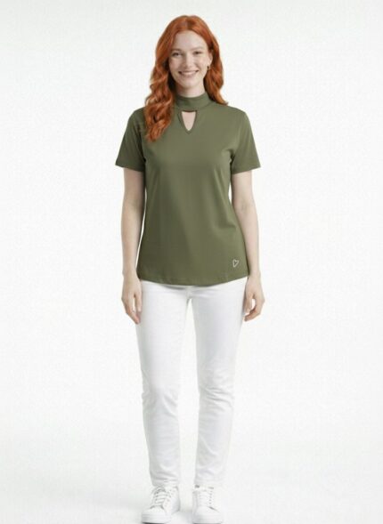 Kadın Yarım Balıkçı Yaka Pencereli Kısa Kollu Basic T-Shirt - 38, Haki