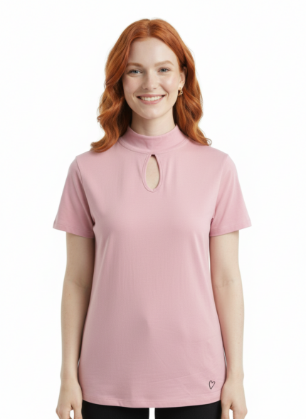 Kadın Yarım Balıkçı Yaka Pencereli Kısa Kollu Basic T-Shirt