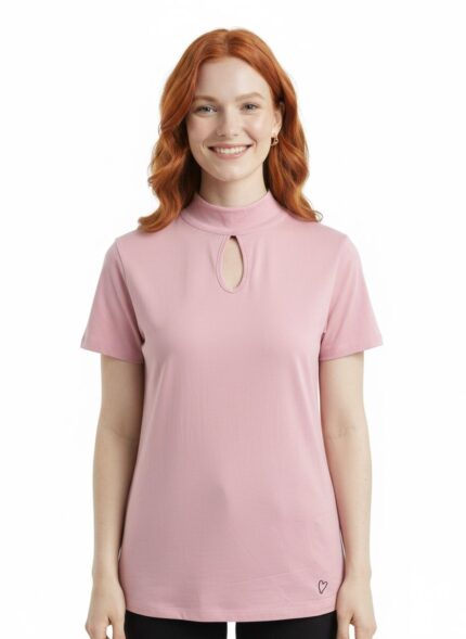 Kadın Yarım Balıkçı Yaka Pencereli Kısa Kollu Basic T-Shirt - 38, Pembe