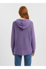 Lila Kapüşonlu Oversize Triko Ajurlu Sweatshirt - Görsel 2