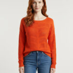 Kadın Turuncu Bisiklet Yaka Özel Dokulu Dalga Desenli Triko Bluz