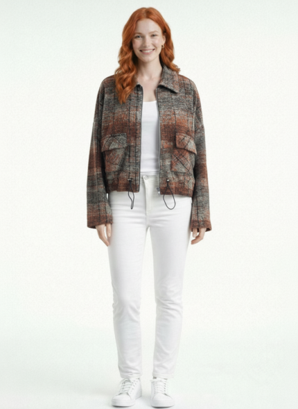 Kadın Oversize Kareli Kısa Ceket