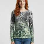 Neon Yeşil Gri Leopar Desenli Slim Fit Kazak