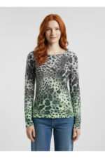 Neon Yeşil Gri Leopar Desenli Slim Fit Kazak