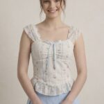 Fırfır Detaylı Çiçek Desenli Crop Bluz