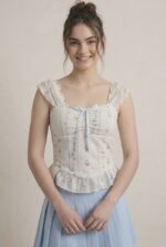 Fırfır Detaylı Çiçek Desenli Crop Bluz