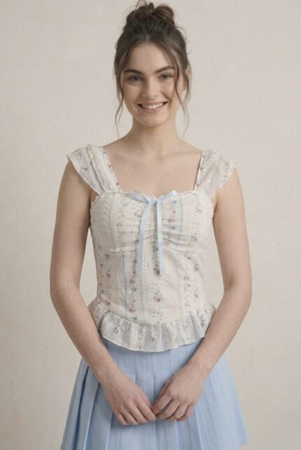 Fırfır Detaylı Çiçek Desenli Crop Bluz