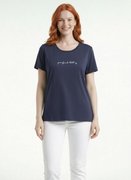Kadın Bisiklet Yaka Perfect Day Yazılı T-Shirt - 38, Lacivert