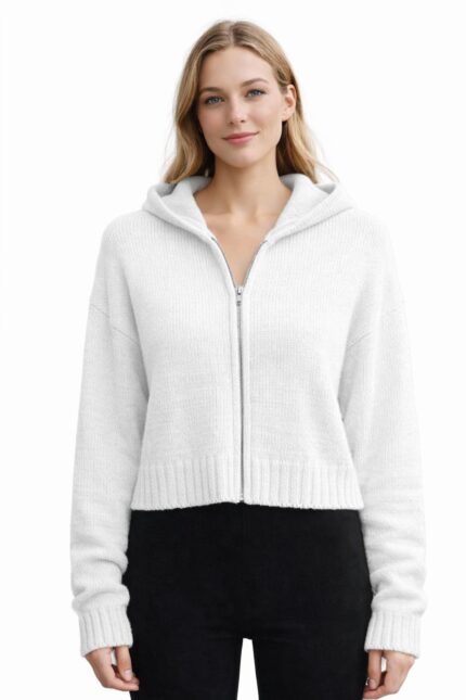 Kadın Kapüşonlu Fermuarlı Triko Hırka - L/XL, Beyaz
