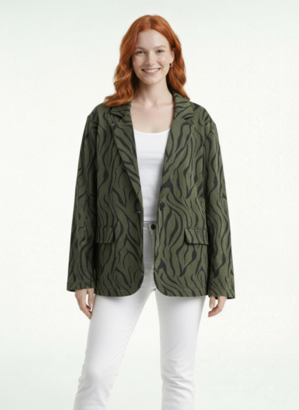 Kadın Oversize Desenli Haki Blazer Ceket