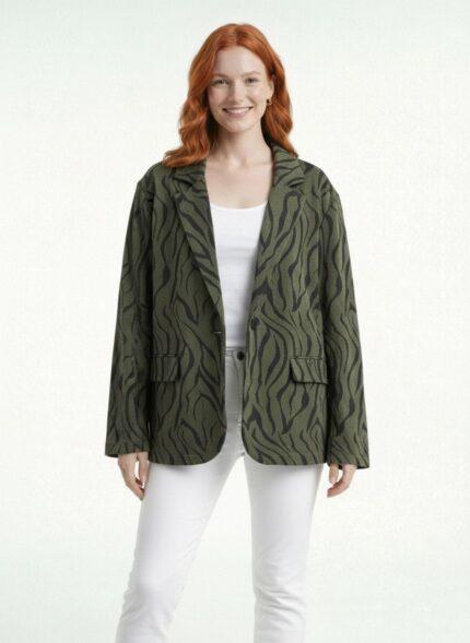 Kadın Oversize Desenli Haki Blazer Ceket - 46, Yeşil