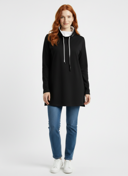 Kadın Siyah Yarım Balıkçı Yaka Sweatshirt