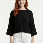 Kadın Siyah Triko Piliseli Crop Bluz