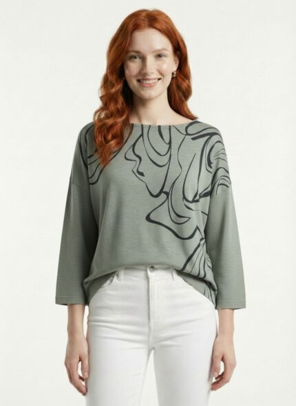 Kadın Oversize Triko Desenli Bluz - 38, Yeşil