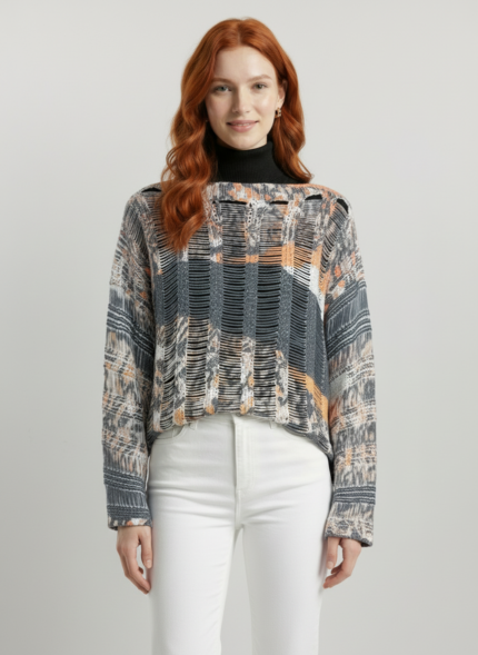 Kadın Oversize Triko Kazak - Desenli, Uzun Kollu