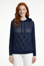 Lacivert Kapüşonlu Ajurlu Triko Sweatshirt - Görsel 2