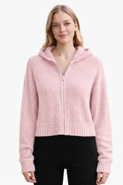 Kadın Kapüşonlu Fermuarlı Triko Hırka - L/XL, Açık Pembe