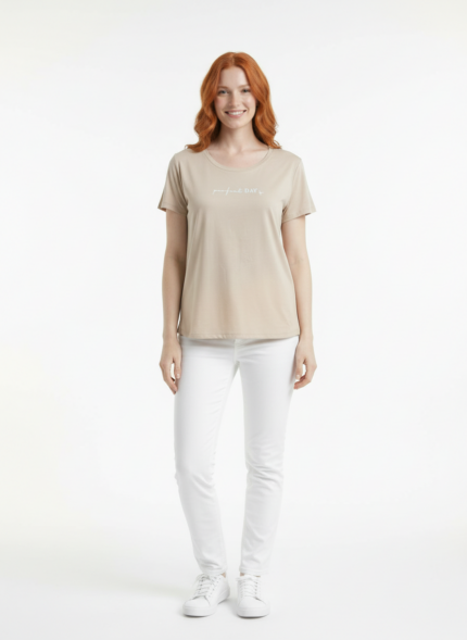 Bej Kadın Basic T-Shirt Yuvarlak Yaka Kısa Kol