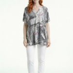 Kadın V Yaka Desenli Oversize Bluz