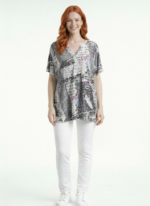 Kadın V Yaka Desenli Oversize Bluz