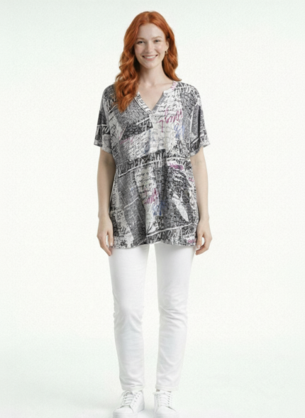Kadın V Yaka Desenli Oversize Bluz