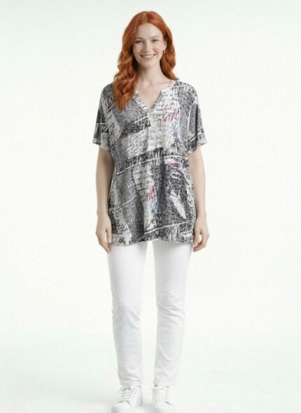 Kadın V Yaka Desenli Oversize Bluz - 46, Gri