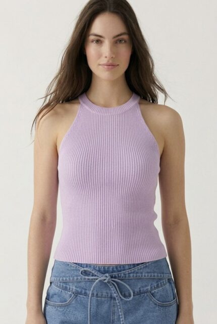 Kadın Fitilli Halter Yaka Crop Bluz - Standart, Lila