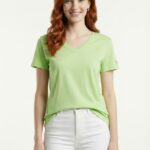 Kadın V Yaka Yeşil Basic T-Shirt