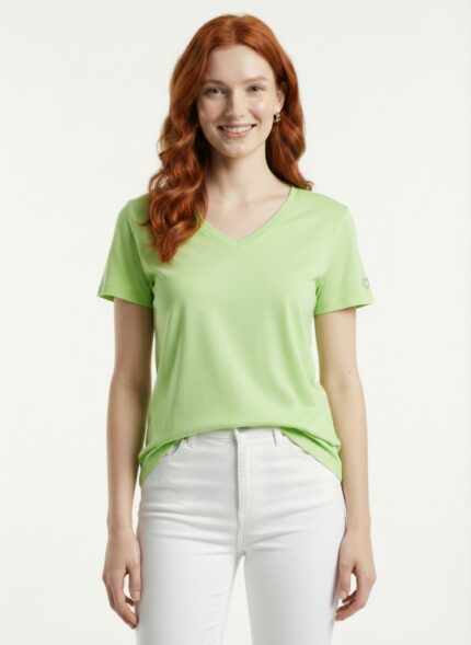 Kadın V Yaka Yeşil Basic T-Shirt