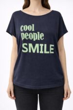 Lacivert "Cool People Smile" Baskılı Tişört