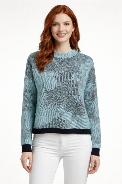 Mint Siyah Desenli Bisiklet Yaka Crop Kazak