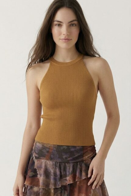 Kadın Fitilli Halter Yaka Crop Bluz - S/M, Camel