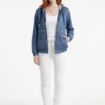 Kadın Kapüşonlu Rahat Kesim Denim Görünümlü Ceket