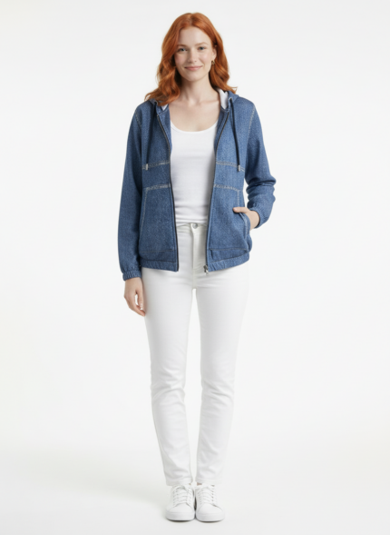 Kadın Kapüşonlu Rahat Kesim Denim Görünümlü Ceket