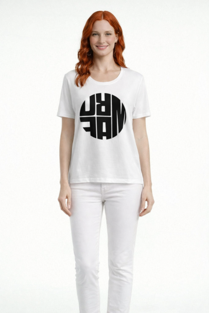 Beyaz Kadın Kısa Kollu Baskılı Yuvarlak Yaka T-Shirt