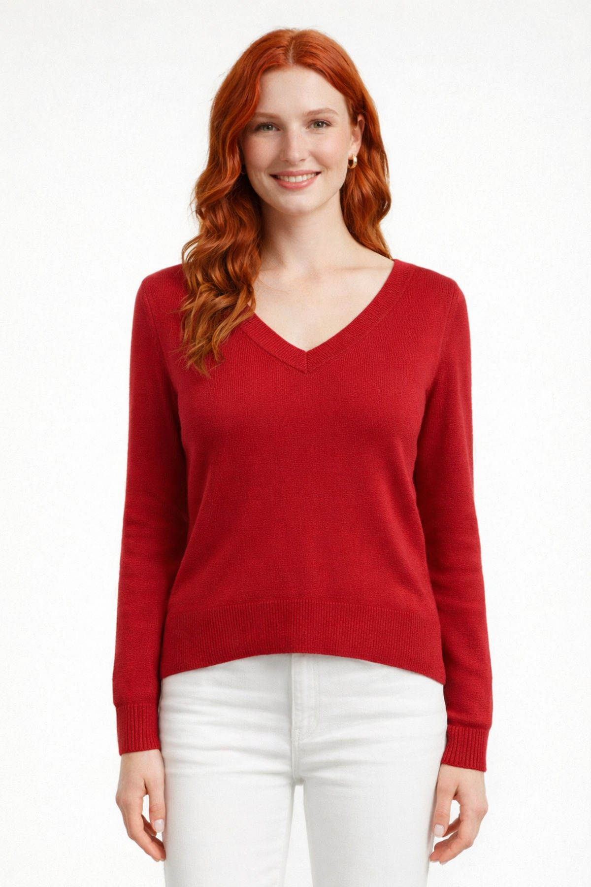 daa868b863ae4ee79a49e9c9d9a3e7ff-4.jpg Kırmızı V Yaka İnce Dokulu Basic Triko Bluz - Görsel 1