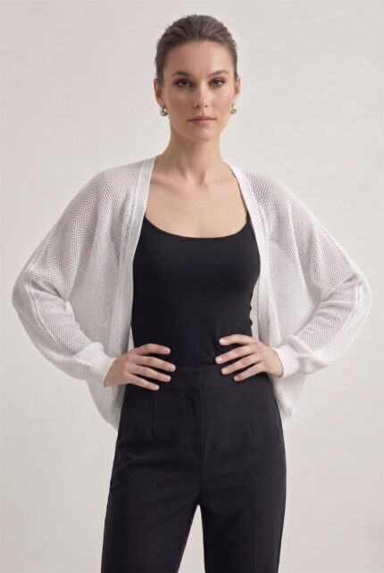 Premium Ajurlu İnce Triko Bolero Hırka - Standart, Beyaz